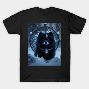 Snowy Black Pomeranian In Front of a Pentagram Gate T-Shirt